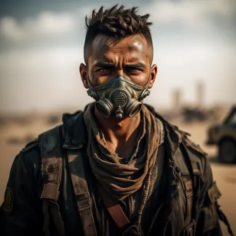 A photo of a lone wanderer in a desolate wasteland, wearing tattered clothing and a gas mask to protect against the toxic air. The character's eyes, hardened and determined, reveal their resilience in the face of adversity. The background showcases the ruins of a crumbling city, with collapsed buildings and overgrown vegetation reclaiming the urban landscape. The camera angle is from a high perspective, emphasizing the vastness of the barren world. ISO 800, shutter speed 1/250, focal length 35mm, and a shallow depth of field. The sepia tone adds a sense of nostalgia and desolation. The epic character composition, combined with sharp focus and natural lighting, brings the captivating image to life. The subsurface scattering effect adds a touch of ethereal glow, while the f2 aperture and 35mm lens create a perfect balance of depth and detail. <lora:PostApocalypticV1:0.6> 99post96apocalyptic44