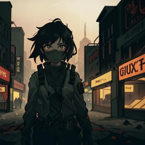 A close up photo of young women. black hair,  A decaying city skyline, shrouded in perpetual twilight. Dilapidated buildings reach towards the darkened sky, and remnants of billboards flicker with faded neon lights. The atmosphere is thick with smog, giving the scene an eerie and foreboding ambiance. The camera angle is from a low perspective, capturing the vastness and grandeur of the ruined metropolis. ISO 1600, shutter speed 1/60, focal length 24mm, and a wide depth of field. The desaturated color palette intensifies the sense of desolation. The epic character composition, combined with sharp focus and natural lighting, brings the captivating image to life. The subsurface scattering effect adds a touch of ethereal glow, while the f2 aperture and 35mm lens create a perfect balance of depth and detail. <lora:PostApocalypticV1:0.6> 99post96apocalyptic44