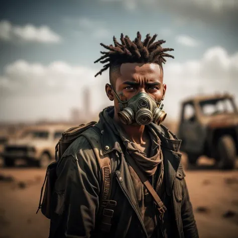 A photo of a lone wanderer in a desolate wasteland, wearing tattered clothing and a gas mask to protect against the toxic air. The character's eyes, hardened and determined, reveal their resilience in the face of adversity. The background showcases the ruins of a crumbling city, with collapsed buildings and overgrown vegetation reclaiming the urban landscape. The camera angle is from a high perspective, emphasizing the vastness of the barren world. ISO 800, shutter speed 1/250, focal length 35mm, and a shallow depth of field. The sepia tone adds a sense of nostalgia and desolation. The epic character composition, combined with sharp focus and natural lighting, brings the captivating image to life. The subsurface scattering effect adds a touch of ethereal glow, while the f2 aperture and 35mm lens create a perfect balance of depth and detail. <lora:PostApocalypticV1:0.6> 99post96apocalyptic44