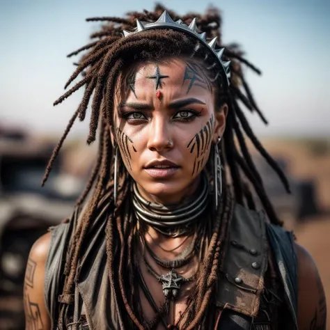 A photo of a charismatic female leader, adorned with tribal markings on her face and a crown made from repurposed metal and scrap. Her eyes, filled with wisdom and determination, command the attention of those around her. She stands on a raised platform, addressing a gathering of survivors in a ruined amphitheater. The background showcases the remnants of a crumbling cityscape, with twisted metal and faded graffiti. The camera angle is slightly elevated, capturing the character's authoritative presence. ISO 400, shutter speed 1/125, focal length 50mm, and a medium depth of field. The warm, earthy tones enhance the connection to nature and the survivalist spirit. The epic character composition, combined with sharp focus and natural lighting, brings the captivating image to life. The subsurface scattering effect adds a touch of ethereal glow, while the f2 aperture and 35mm lens create a perfect balance of depth and detail. <lora:PostApocalypticV1:0.6> 99post96apocalyptic44