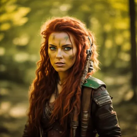 A photo of a skilled female archer, poised with a bow and arrow amidst a decaying city. Her fiery red hair, braided and adorned with scavenged trinkets, symbolizes her fierce spirit. She wears a practical leather outfit, allowing for ease of movement. Her emerald green eyes, filled with determination, lock onto her target. The background depicts a dense forest, where nature reclaims the land. The camera angle is from a low perspective, emphasizing the character's connection with the earth. ISO 400, shutter speed 1/200, focal length 35mm, and a shallow depth of field. The vibrant green hues contrast with the desolate surroundings. The epic character composition, combined with sharp focus and natural lighting, brings the captivating image to life. The subsurface scattering effect adds a touch of ethereal glow, while the f2 aperture and 35mm lens create a perfect balance of depth and detail. <lora:PostApocalypticV1:0.6> 99post96apocalyptic44