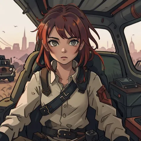 A photo of a young women, red hair, and weathered, rusted vehicle in an abandoned junkyard. The vehicle, covered in graffiti and bullet holes, stands as a relic of a bygone era. Nature has started to reclaim the area, with vines and weeds intertwining around the forgotten machines. The camera angle is at a close-up, highlighting the intricate details and textures. ISO 400, shutter speed 1/200, focal length 50mm, and a shallow depth of field. The muted color palette adds to the desolate atmosphere. The epic character composition, combined with sharp focus and natural lighting, brings the captivating image to life. The subsurface scattering effect adds a touch of ethereal glow, while the f2 aperture and 35mm lens create a perfect balance of depth and detail. <lora:PostApocalypticV1:0.6> 99post96apocalyptic44