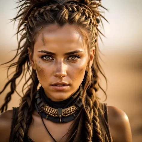 photo of a woman, in a cinematic style reminiscent of Mad Max. She exudes a sense of adventure and daring, with a mischievous smile. She wears a combination of layered, rugged fabrics and salvaged armor pieces, creating a unique and eclectic ensemble. Her boots are sturdy and worn, reflecting her wanderer spirit. Her hair is styled in intricate, braided cornrows, adorned with beads and feathers, adding a touch of whimsy. The color style is cinematic, with desaturated earthy tones and pops of vibrant color that highlight her individuality. The environment showcases a vast, windswept desert, with dramatic rock formations and wide-open skies. The camera angle is eye-level, capturing the woman's adventurous spirit. ISO 200, shutter speed 1/500, focal length 50mm, medium depth of field. The weather is sunny, with dramatic clouds casting dynamic shadows on the landscape.<lora:PostApocalypticV1:0.5> 99post96apocalyptic44