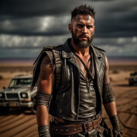 Mad Max transcends the concept of Thunder Dome, refugees from many different countries (both men and women) in the future apocalypse, looking at the audience, blurred background, upper body, toned body, bracers, apocalypse, shabby city, smoke everywhere, filthy all over, tight and tattered dirty clothes, shabby cars and motorcycles, dry smiles, power poses, hot, crazy, surrounded by a large group of refugees supporting them