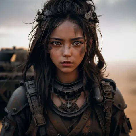 a cute 16 year old girl, small nose, flat chest, dirty, nude, high tech damaged armor, destroyed post-apocalyptic city, photorealistic, 8k, hyper detailed, cinematic lighting, muted colors, dramatic lighting, award winning, concept art style