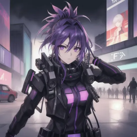 A photo of a determined survivor with a cybernetic arm, her hair dyed vibrant purple and styled in a Mohawk. She wears a practical and sleek outfit made from advanced synthetic materials, reflecting her adaptability and resourcefulness. Her intense gaze, framed by augmented reality lenses, exudes strength and determination. The background features a futuristic cityscape, with towering skyscrapers and holographic advertisements. The camera angle is at eye level, emphasizing the character's confident presence. ISO 400, shutter speed 1/200, focal length 50mm, and a medium depth of field. The neon lights and futuristic architecture create a vibrant and dynamic backdrop. The epic character composition, combined with sharp focus and natural lighting, brings the captivating image to life. The subsurface scattering effect adds a touch of ethereal glow, while the f2 aperture and 35mm lens create a perfect balance of depth and detail. <lora:PostApocalypticV1:0.6> 99post96apocalyptic44