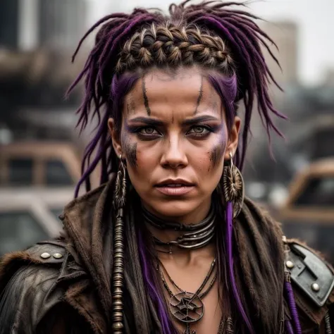 A photo of a woman in the style of Mad Max, with vibrant purple hair styled into braids and adorned with metal trinkets. She wears a ragged cloak made from animal furs, showcasing her survival skills in a post-apocalyptic setting. Her intense amber eyes radiate a sense of resilience and wisdom. The background features a dilapidated cityscape, with crumbling skyscrapers and overgrown vegetation reclaiming the streets. The camera angle is from a high perspective, capturing the vastness and decay of the urban environment. ISO 400, shutter speed 1/250, focal length 35mm, and a medium depth of field. The soft, diffused lighting adds a haunting beauty to the scene. The epic character composition, combined with sharp focus and natural lighting, brings the captivating image to life. The subsurface scattering effect adds a touch of ethereal glow, while the f2 aperture and 35mm lens create a perfect balance of depth and detail. <lora:PostApocalypticV1:0.6> 99post96apocalyptic44