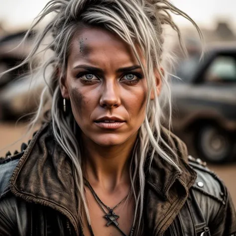 A photo of a woman in the style of Mad Max, with disheveled platinum blonde hair cascading over her shoulders. She wears a patched denim jacket adorned with various pins and patches, showcasing her individuality in a post-apocalyptic world. Her piercing gray eyes hold a mix of determination and weariness. The background depicts a sprawling junkyard, filled with rusted cars and towering piles of scrap metal. The camera angle is from a close-up perspective, emphasizing the details of her weathered face. ISO 200, shutter speed 1/400, focal length 50mm, and a shallow depth of field. The harsh sunlight peeks through gaps in the junkyard, creating interesting light patterns. The epic character composition, combined with sharp focus and natural lighting, brings the captivating image to life. The subsurface scattering effect adds a touch of ethereal glow, while the f2 aperture and 35mm lens create a perfect balance of depth and detail. <lora:PostApocalypticV1:0.6> 99post96apocalyptic44