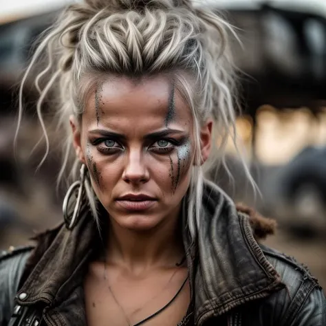 A photo of a woman in the style of Mad Max, with disheveled platinum blonde hair cascading over her shoulders. She wears a patched denim jacket adorned with various pins and patches, showcasing her individuality in a post-apocalyptic world. Her piercing gray eyes hold a mix of determination and weariness. The background depicts a sprawling junkyard, filled with rusted cars and towering piles of scrap metal. The camera angle is from a close-up perspective, emphasizing the details of her weathered face. ISO 200, shutter speed 1/400, focal length 50mm, and a shallow depth of field. The harsh sunlight peeks through gaps in the junkyard, creating interesting light patterns. The epic character composition, combined with sharp focus and natural lighting, brings the captivating image to life. The subsurface scattering effect adds a touch of ethereal glow, while the f2 aperture and 35mm lens create a perfect balance of depth and detail. <lora:PostApocalypticV1:0.6> 99post96apocalyptic44