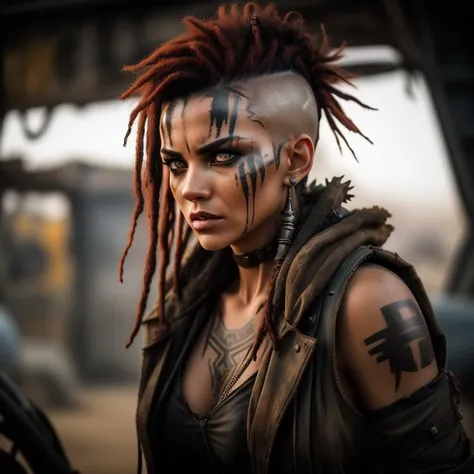 A photo of a woman in the style of Mad Max, with a shaved head and intricate tribal tattoos adorning her scalp. She wears a rugged, patchwork cloak made from repurposed materials, showcasing her resourcefulness in the wasteland. Her intense hazel eyes, framed by smudged eyeshadow, emanate both determination and wisdom. The background features an abandoned gas station, with rusted fuel pumps and shattered windows. The camera angle is from a side view, capturing her profile and the desolate surroundings. ISO 200, shutter speed 1/250, focal length 35mm, and a shallow depth of field. The dim light of a flickering neon sign casts a haunting glow, evoking a sense of solitude. The epic character composition, combined with sharp focus and natural lighting, brings the captivating image to life. The subsurface scattering effect adds a touch of ethereal glow, while the f2 aperture and 35mm lens create a perfect balance of depth and detail. <lora:PostApocalypticV1:0.6> 99post96apocalyptic44