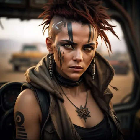 A photo of a woman in the style of Mad Max, with a shaved head and intricate tribal tattoos adorning her scalp. She wears a rugged, patchwork cloak made from repurposed materials, showcasing her resourcefulness in the wasteland. Her intense hazel eyes, framed by smudged eyeshadow, emanate both determination and wisdom. The background features an abandoned gas station, with rusted fuel pumps and shattered windows. The camera angle is from a side view, capturing her profile and the desolate surroundings. ISO 200, shutter speed 1/250, focal length 35mm, and a shallow depth of field. The dim light of a flickering neon sign casts a haunting glow, evoking a sense of solitude. The epic character composition, combined with sharp focus and natural lighting, brings the captivating image to life. The subsurface scattering effect adds a touch of ethereal glow, while the f2 aperture and 35mm lens create a perfect balance of depth and detail. <lora:PostApocalypticV1:0.6> 99post96apocalyptic44