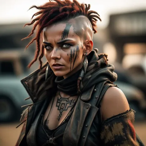 A photo of a woman in the style of Mad Max, with a shaved head and intricate tribal tattoos adorning her scalp. She wears a rugged, patchwork cloak made from repurposed materials, showcasing her resourcefulness in the wasteland. Her intense hazel eyes, framed by smudged eyeshadow, emanate both determination and wisdom. The background features an abandoned gas station, with rusted fuel pumps and shattered windows. The camera angle is from a side view, capturing her profile and the desolate surroundings. ISO 200, shutter speed 1/250, focal length 35mm, and a shallow depth of field. The dim light of a flickering neon sign casts a haunting glow, evoking a sense of solitude. The epic character composition, combined with sharp focus and natural lighting, brings the captivating image to life. The subsurface scattering effect adds a touch of ethereal glow, while the f2 aperture and 35mm lens create a perfect balance of depth and detail. <lora:PostApocalypticV1:0.6> 99post96apocalyptic44