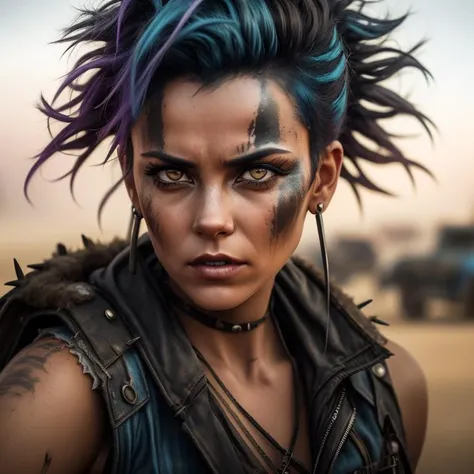 A photo of a woman in the style of Mad Max, with a shaved head except for a single strip of vibrant blue hair running down the center. She wears a patched and torn denim vest, adorned with various badges and spikes, showcasing her fearless attitude. Her intense brown eyes, smudged with dusty smoky eyeshadow, convey a mixture of strength and vulnerability. The backdrop consists of a ruined industrial complex, with rusty metal structures and broken machinery. The camera angle is tilted, adding a sense of dynamism to the image. ISO 400, shutter speed 1/320, focal length 50mm, and a medium depth of field. The setting sun casts an orange glow, highlighting the gritty atmosphere. The epic character composition, combined with sharp focus and natural lighting, brings the captivating image to life. The subsurface scattering effect adds a touch of ethereal glow, while the f2 aperture and 35mm lens create a perfect balance of depth and detail. <lora:PostApocalypticV1:0.6> 99post96apocalyptic44