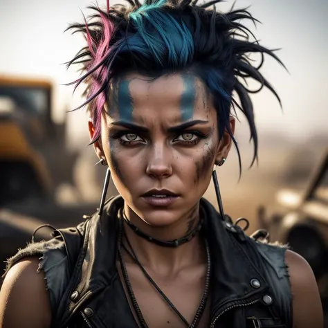 A photo of a woman in the style of Mad Max, with a shaved head except for a single strip of vibrant blue hair running down the center. She wears a patched and torn denim vest, adorned with various badges and spikes, showcasing her fearless attitude. Her intense brown eyes, smudged with dusty smoky eyeshadow, convey a mixture of strength and vulnerability. The backdrop consists of a ruined industrial complex, with rusty metal structures and broken machinery. The camera angle is tilted, adding a sense of dynamism to the image. ISO 400, shutter speed 1/320, focal length 50mm, and a medium depth of field. The setting sun casts an orange glow, highlighting the gritty atmosphere. The epic character composition, combined with sharp focus and natural lighting, brings the captivating image to life. The subsurface scattering effect adds a touch of ethereal glow, while the f2 aperture and 35mm lens create a perfect balance of depth and detail. <lora:PostApocalypticV1:0.6> 99post96apocalyptic44