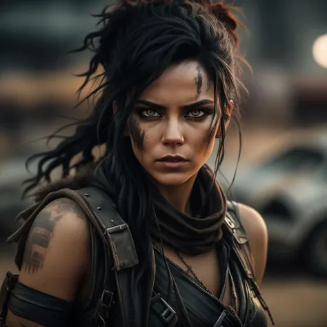 A photo of a woman in the style of Mad Max, with long, tousled black hair cascading down her back. She wears a patched leather corset and fingerless gloves, representing her fierce and resilient nature. Her piercing gray eyes, accentuated by smoky eyeshadow, exude a sense of mystery and determination. The background portrays a decaying urban wasteland, with crumbling buildings and overgrown vegetation. The camera angle is from a low perspective, emphasizing her dominant presence. ISO 200, shutter speed 1/250, focal length 50mm, and a medium depth of field. The faint moonlight casts eerie shadows, adding an element of intrigue. The epic character composition, combined with sharp focus and natural lighting, brings the captivating image to life. The subsurface scattering effect adds a touch of ethereal glow, while the f2 aperture and 35mm lens create a perfect balance of depth and detail. <lora:PostApocalypticV1:0.6> 99post96apocalyptic44