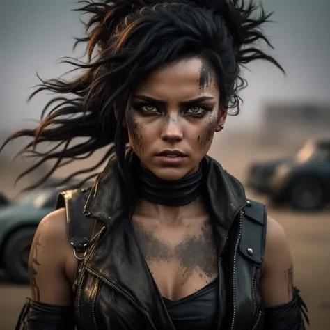 A photo of a woman in the style of Mad Max, with long, tousled black hair cascading down her back. She wears a patched leather corset and fingerless gloves, representing her fierce and resilient nature. Her piercing gray eyes, accentuated by smoky eyeshadow, exude a sense of mystery and determination. The background portrays a decaying urban wasteland, with crumbling buildings and overgrown vegetation. The camera angle is from a low perspective, emphasizing her dominant presence. ISO 200, shutter speed 1/250, focal length 50mm, and a medium depth of field. The faint moonlight casts eerie shadows, adding an element of intrigue. The epic character composition, combined with sharp focus and natural lighting, brings the captivating image to life. The subsurface scattering effect adds a touch of ethereal glow, while the f2 aperture and 35mm lens create a perfect balance of depth and detail. <lora:PostApocalypticV1:0.6> 99post96apocalyptic44