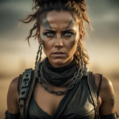 A photo of a woman in the style of Mad Max, with a braided updo adorned with metal chains and gears. She wears a distressed leather bodysuit with intricate laser-cut patterns, symbolizing her futuristic warrior spirit. Her intense blue eyes radiate determination and resilience. The setting is an abandoned factory, with machinery and broken windows scattered throughout. The camera angle is tilted, adding a sense of dynamic movement. ISO 1600, shutter speed 1/60, focal length 24mm, and a wide depth of field. The dim, flickering lights in the background create a gritty ambiance. The epic character composition, combined with sharp focus and natural lighting, brings the captivating image to life. The subsurface scattering effect adds a touch of ethereal glow, while the f2 aperture and 35mm lens create a perfect balance of depth and detail. <lora:PostApocalypticV1:0.6>  99post96apocalyptic44
