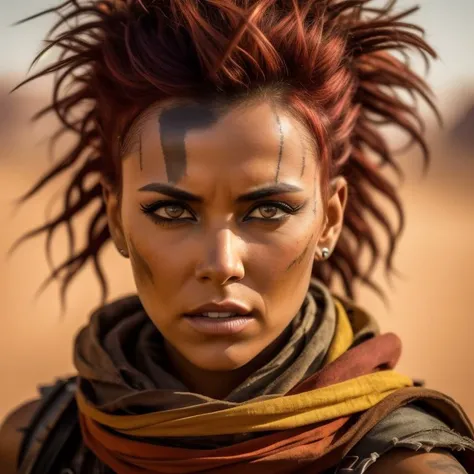 A photo of a woman in the style of Mad Max, sporting a Mohawk hairstyle with vibrant orange and pink streaks. She wears a patchwork cloak made from various fabrics and animal furs, symbolizing her adaptability in a post-apocalyptic world. Her piercing gray eyes radiate a mix of intelligence and fierceness. The backdrop features a desert landscape with towering sandstone cliffs and a dried-up riverbed. The camera angle is from a high vantage point, capturing the vastness of the desert. ISO 200, shutter speed 1/1000, focal length 85mm, and a shallow depth of field. The golden sunlight bathes the scene, casting warm tones on the subject. The epic character composition, combined with sharp focus and natural lighting, brings the captivating image to life. The subsurface scattering effect adds a touch of ethereal glow, while the f2 aperture and 35mm lens create a perfect balance of depth and detail. <lora:PostApocalypticV1:0.6>  99post96apocalyptic44
