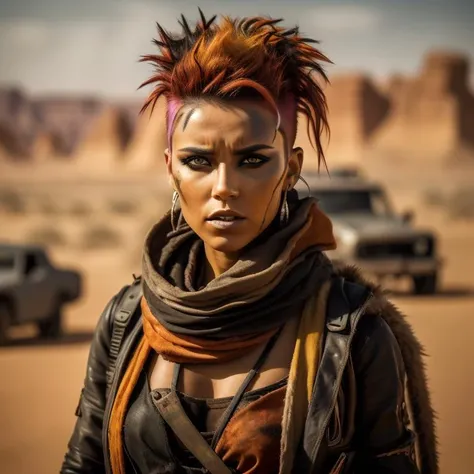 A photo of a woman in the style of Mad Max, sporting a Mohawk hairstyle with vibrant orange and pink streaks. She wears a patchwork cloak made from various fabrics and animal furs, symbolizing her adaptability in a post-apocalyptic world. Her piercing gray eyes radiate a mix of intelligence and fierceness. The backdrop features a desert landscape with towering sandstone cliffs and a dried-up riverbed. The camera angle is from a high vantage point, capturing the vastness of the desert. ISO 200, shutter speed 1/1000, focal length 85mm, and a shallow depth of field. The golden sunlight bathes the scene, casting warm tones on the subject. The epic character composition, combined with sharp focus and natural lighting, brings the captivating image to life. The subsurface scattering effect adds a touch of ethereal glow, while the f2 aperture and 35mm lens create a perfect balance of depth and detail. <lora:PostApocalypticV1:0.6> 99post96apocalyptic44