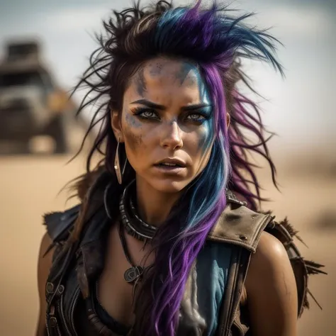 A photo of a woman in the style of Mad Max, with long flowing hair dyed in vibrant shades of electric blue. She wears a tattered leather vest adorned with colorful patches, representing her free-spirited nature. Her eyes, a mesmerizing mix of violet and silver, exude a sense of mystery. The background showcases a barren wasteland, with cracked earth and twisted metal structures. The camera angle is at ground level, emphasizing the rugged terrain. ISO 800, shutter speed 1/500, focal length 50mm, and a wide depth of field. The scorching sun casts harsh shadows, creating a high contrast image. The epic character composition, combined with sharp focus and natural lighting, brings the captivating image to life. The subsurface scattering effect adds a touch of ethereal glow, while the f2 aperture and 35mm lens create a perfect balance of depth and detail. <lora:PostApocalypticV1:0.6> 99post96apocalyptic44
