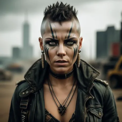 A photo of a woman in the style of Mad Max, with a shaved head and intricate face paint in tribal patterns. She wears a worn-out denim jacket adorned with metal studs, showcasing her rugged personality. Her eyes, a piercing shade of emerald green, convey a mix of intensity and determination. The image is set against a post-apocalyptic cityscape, with crumbling skyscrapers and graffiti-covered walls. The camera angle is from above, capturing the vastness of the urban decay. ISO 400, shutter speed 1/250, focal length 35mm, and a shallow depth of field. The overcast sky diffuses the light, creating a moody atmosphere. The epic character composition, combined with sharp focus and natural lighting, brings the captivating image to life. The subsurface scattering effect adds a touch of ethereal glow, while the f2 aperture and 35mm lens create a perfect balance of depth and detail. <lora:PostApocalypticV1:0.6>  99post96apocalyptic44