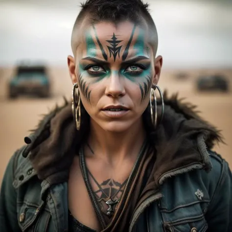 A photo of a woman in the style of Mad Max, with a shaved head and intricate face paint in tribal patterns. She wears a worn-out denim jacket adorned with metal studs, showcasing her rugged personality. Her eyes, a piercing shade of emerald green, convey a mix of intensity and determination. The image is set against a post-apocalyptic cityscape, with crumbling skyscrapers and graffiti-covered walls. The camera angle is from above, capturing the vastness of the urban decay. ISO 400, shutter speed 1/250, focal length 35mm, and a shallow depth of field. The overcast sky diffuses the light, creating a moody atmosphere. The epic character composition, combined with sharp focus and natural lighting, brings the captivating image to life. The subsurface scattering effect adds a touch of ethereal glow, while the f2 aperture and 35mm lens create a perfect balance of depth and detail. <lora:PostApocalypticV1:0.6> 99post96apocalyptic44