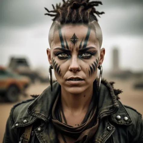 A photo of a woman in the style of Mad Max, with a shaved head and intricate face paint in tribal patterns. She wears a worn-out denim jacket adorned with metal studs, showcasing her rugged personality. Her eyes, a piercing shade of emerald green, convey a mix of intensity and determination. The image is set against a post-apocalyptic cityscape, with crumbling skyscrapers and graffiti-covered walls. The camera angle is from above, capturing the vastness of the urban decay. ISO 400, shutter speed 1/250, focal length 35mm, and a shallow depth of field. The overcast sky diffuses the light, creating a moody atmosphere. The epic character composition, combined with sharp focus and natural lighting, brings the captivating image to life. The subsurface scattering effect adds a touch of ethereal glow, while the f2 aperture and 35mm lens create a perfect balance of depth and detail.
<lora:PostApocalypticV1:0.6> 99post96apocalyptic44