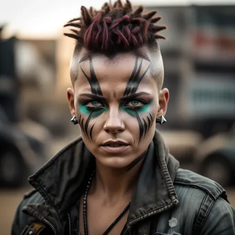 A photo of a woman in the style of Mad Max, with a shaved head and intricate face paint in tribal patterns. She wears a worn-out denim jacket adorned with metal studs, showcasing her rugged personality. Her eyes, a piercing shade of emerald green, convey a mix of intensity and determination. The image is set against a post-apocalyptic cityscape, with crumbling skyscrapers and graffiti-covered walls. The camera angle is from above, capturing the vastness of the urban decay. ISO 400, shutter speed 1/250, focal length 35mm, and a shallow depth of field. The overcast sky diffuses the light, creating a moody atmosphere. The epic character composition, combined with sharp focus and natural lighting, brings the captivating image to life. The subsurface scattering effect adds a touch of ethereal glow, while the f2 aperture and 35mm lens create a perfect balance of depth and detail.
<lora:PostApocalypticV1:0.6> 99post96apocalyptic44