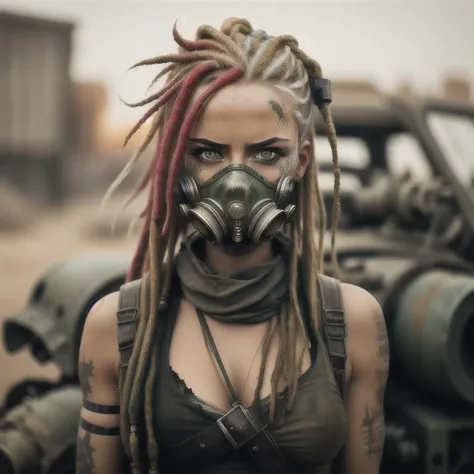 A photo of a woman in the style of Mad Max, wearing a tattered gas mask with glowing green lenses, representing her adaptability in a post-apocalyptic world. Her long, unkempt hair flows freely, revealing streaks of vibrant blond dreadlocks. She adorns herself with salvaged metal accessories, signifying her resourcefulness. Her piercing green eyes convey a mix of vigilance and curiosity. The setting is an abandoned industrial complex, with rusted machinery and broken windows creating a haunting backdrop. The camera angle is slightly tilted, adding a sense of unease and instability. ISO 1600, shutter speed 1/60, focal length 24mm, and a wide depth of field. The moon casts a soft, eerie light on the scene, enhancing the atmosphere. The epic character composition, combined with sharp focus and natural lighting, brings the captivating image to life. The subsurface scattering effect adds a touch of ethereal glow, while the f2 aperture and 35mm lens create a perfect balance of depth and detail.
<lora:PostApocalypticV1:0.6> 99post96apocalyptic44