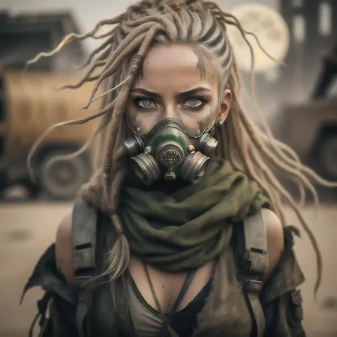 A photo of a woman in the style of Mad Max, wearing a tattered gas mask with glowing green lenses, representing her adaptability in a post-apocalyptic world. Her long, unkempt hair flows freely, revealing streaks of vibrant blond dreadlocks. She adorns herself with salvaged metal accessories, signifying her resourcefulness. Her piercing green eyes convey a mix of vigilance and curiosity. The setting is an abandoned industrial complex, with rusted machinery and broken windows creating a haunting backdrop. The camera angle is slightly tilted, adding a sense of unease and instability. ISO 1600, shutter speed 1/60, focal length 24mm, and a wide depth of field. The moon casts a soft, eerie light on the scene, enhancing the atmosphere. The epic character composition, combined with sharp focus and natural lighting, brings the captivating image to life. The subsurface scattering effect adds a touch of ethereal glow, while the f2 aperture and 35mm lens create a perfect balance of depth and detail.
<lora:PostApocalypticV1:0.6> 99post96apocalyptic44
