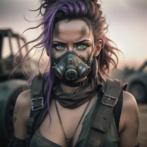 A photo of a woman in the style of Mad Max, wearing a tattered gas mask with glowing blue lenses, representing her adaptability in a post-apocalyptic world. Her long, unkempt hair flows freely, revealing streaks of vibrant purple. She adorns herself with salvaged metal accessories, signifying her resourcefulness. Her piercing green eyes convey a mix of vigilance and curiosity. The setting is an abandoned industrial complex, with rusted machinery and broken windows creating a haunting backdrop. The camera angle is slightly tilted, adding a sense of unease and instability. ISO 1600, shutter speed 1/60, focal length 24mm, and a wide depth of field. The moon casts a soft, eerie light on the scene, enhancing the atmosphere. The epic character composition, combined with sharp focus and natural lighting, brings the captivating image to life. The subsurface scattering effect adds a touch of ethereal glow, while the f2 aperture and 35mm lens create a perfect balance of depth and detail.
<lora:PostApocalypticV1:0.5> 99post96apocalyptic44