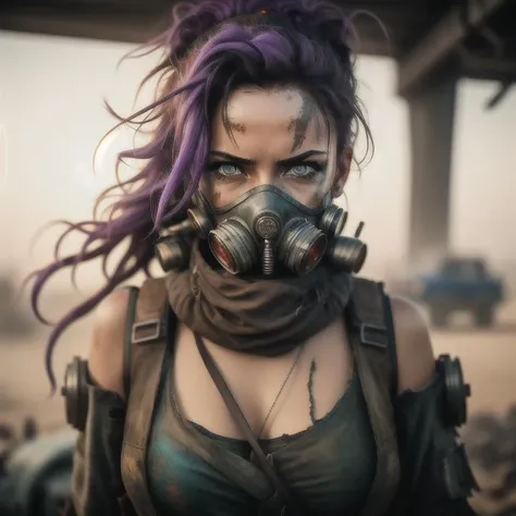 A photo of a woman in the style of Mad Max, wearing a tattered gas mask with glowing blue lenses, representing her adaptability in a post-apocalyptic world. Her long, unkempt hair flows freely, revealing streaks of vibrant purple. She adorns herself with salvaged metal accessories, signifying her resourcefulness. Her piercing green eyes convey a mix of vigilance and curiosity. The setting is an abandoned industrial complex, with rusted machinery and broken windows creating a haunting backdrop. The camera angle is slightly tilted, adding a sense of unease and instability. ISO 1600, shutter speed 1/60, focal length 24mm, and a wide depth of field. The moon casts a soft, eerie light on the scene, enhancing the atmosphere. The epic character composition, combined with sharp focus and natural lighting, brings the captivating image to life. The subsurface scattering effect adds a touch of ethereal glow, while the f2 aperture and 35mm lens create a perfect balance of depth and detail.
<lora:PostApocalypticV1:0.6>  99post96apocalyptic44