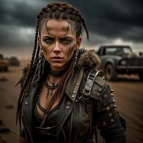 photo of a woman, in a cinematic style reminiscent of Mad Max. She exudes strength and resilience, with a piercing gaze. She wears a weathered and battle-worn armor, crafted from repurposed metal scraps and leather straps. Her boots are heavy-duty, with spikes and chains adorning them. Her hair is braided and woven with colorful ribbons, cascading down her back. The color style is cinematic, with desaturated tones and moody lighting, enhancing the gritty atmosphere. The environment showcases a post-apocalyptic wasteland, with crumbling ruins and remnants of civilization. The camera angle is low, capturing the woman from a powerful perspective. ISO 200, shutter speed 1/1000, focal length 24mm, medium depth of field. The weather is cloudy, with a storm brewing on the horizon.<lora:PostApocalypticV1:0.5>  99post96apocalyptic44, Cinematic style, dramatic visuals, atmospheric immersion, High resolution, deep depth of field, sharp focus, realistic lighting, dark and moody atmosphere, hyperrealistic, masterpiece, cinematic sensual