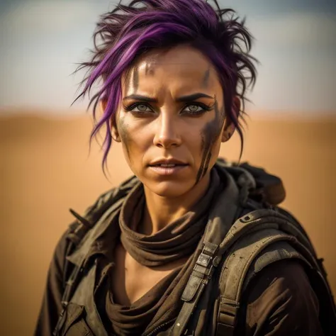 A photo of a resourceful scavenger with a pixie cut of vibrant purple hair, skillfully navigating a post-apocalyptic wasteland. She wears a combination of practical clothing and tactical gear, reflecting her survivalist mindset. Her determined gaze and facial tattoos reveal her resilience and adaptability. The background depicts a barren desert landscape, with vast stretches of sand and remnants of collapsed structures. The camera angle is eye level, capturing the character's resourcefulness and tenacity. ISO 400, shutter speed 1/125, focal length 50mm, and a medium depth of field. The warm tones of the desert add to the post-apocalyptic mood. The epic character composition, combined with sharp focus and natural lighting, brings the captivating image to life. The subsurface scattering effect adds a touch of ethereal glow, while the f2 aperture and 35mm lens create a perfect balance of depth and detail. <lora:PostApocalypticV1:0.6> 99post96apocalyptic44