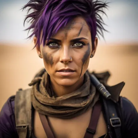A photo of a resourceful scavenger with a pixie cut of vibrant purple hair, skillfully navigating a post-apocalyptic wasteland. She wears a combination of practical clothing and tactical gear, reflecting her survivalist mindset. Her determined gaze and facial tattoos reveal her resilience and adaptability. The background depicts a barren desert landscape, with vast stretches of sand and remnants of collapsed structures. The camera angle is eye level, capturing the character's resourcefulness and tenacity. ISO 400, shutter speed 1/125, focal length 50mm, and a medium depth of field. The warm tones of the desert add to the post-apocalyptic mood. The epic character composition, combined with sharp focus and natural lighting, brings the captivating image to life. The subsurface scattering effect adds a touch of ethereal glow, while the f2 aperture and 35mm lens create a perfect balance of depth and detail. <lora:PostApocalypticV1:0.6> 99post96apocalyptic44