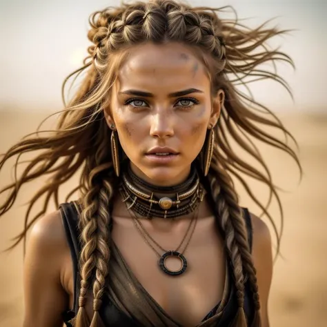 a photo of a woman, in a cinematic style reminiscent of Mad Max. She emanates a sense of grace and strength, with a captivating expression. She wears a flowing, floor-length gown crafted from repurposed fabrics, adorned with intricate tribal prints and metallic accents. Her bare feet are adorned with delicate anklets. Her hair is styled in elaborate braids and decorated with feathers and shells. The color style is cinematic, with rich, warm tones that emphasize the natural textures. The environment showcases a desert oasis, with palm trees and a tranquil pool of water. The camera angle is eye-level, capturing the woman's serene presence. ISO 800, shutter speed 1/250, focal length 35mm, shallow depth of field. The weather is golden hour, with soft, warm sunlight illuminating the scene.<lora:PostApocalypticV1:0.5>  99post96apocalyptic44, (freckles:0.8), (lips parted), realistic eyes, POV, realistic[:, (film grain, 25mm, f/1.2, dof, bokeh, beautiful symmetrical face, perfect sparkling eyes, well defined pupils, high contrast eyes, ultra detailed skin, skin pores, vellus hair, fabric stitching, fabric texture, finely detailed features:1):0.9]