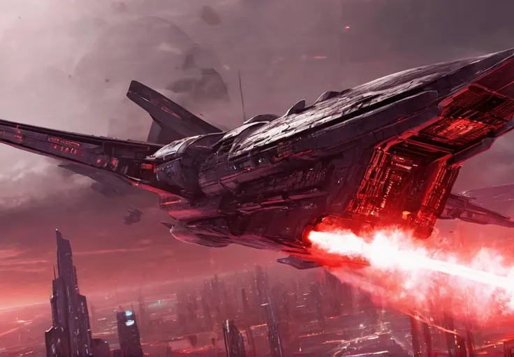 (Masterpiece, high quality, best quality, official art, beauty and aesthetics:1.2),HD,<lora:ç§å¹»-éªåé»çº¢sdxl:0.6>,blood and black,sci-fi,holograms,(high-tech ambiance:1.2),shuttle,the planet comes to the future city flying all over the sky,city of the future,enhanced armor,smooth curves,1 enemy planes pounding the energy center,but more of the fleet is coming,city anti-aircraft guns join support battles,