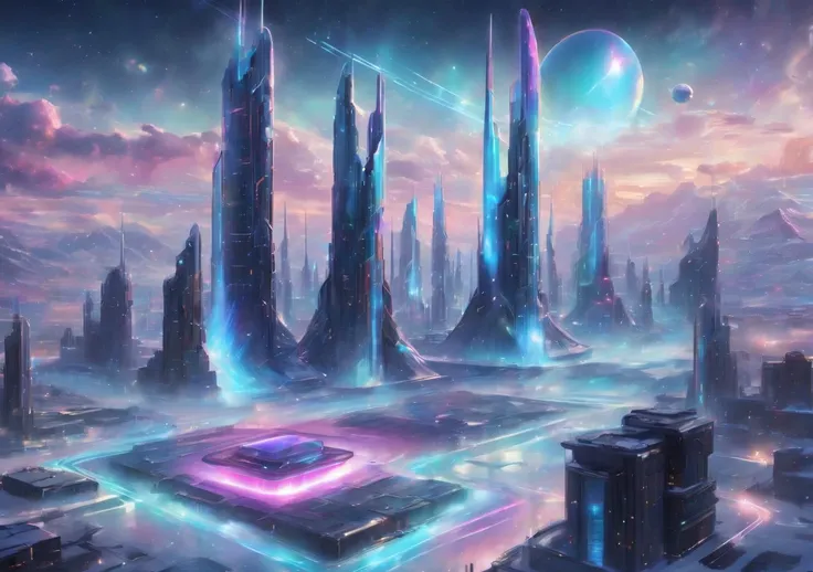 <lora:holographic1_10xl-10:0.5>,holographic,Simple background,translucent glass,holographic ray,holographic structure,glowing,clear glass,no humans,simple background,sky,cloud,no_humans,glowing,building,realistic,future technology wind,photon force field,sci-fi neon light shines building,there are several planets in the sky,<lora:ç§å¹»-éªåé»çº¢sdxl:0.5>,snow,ice,