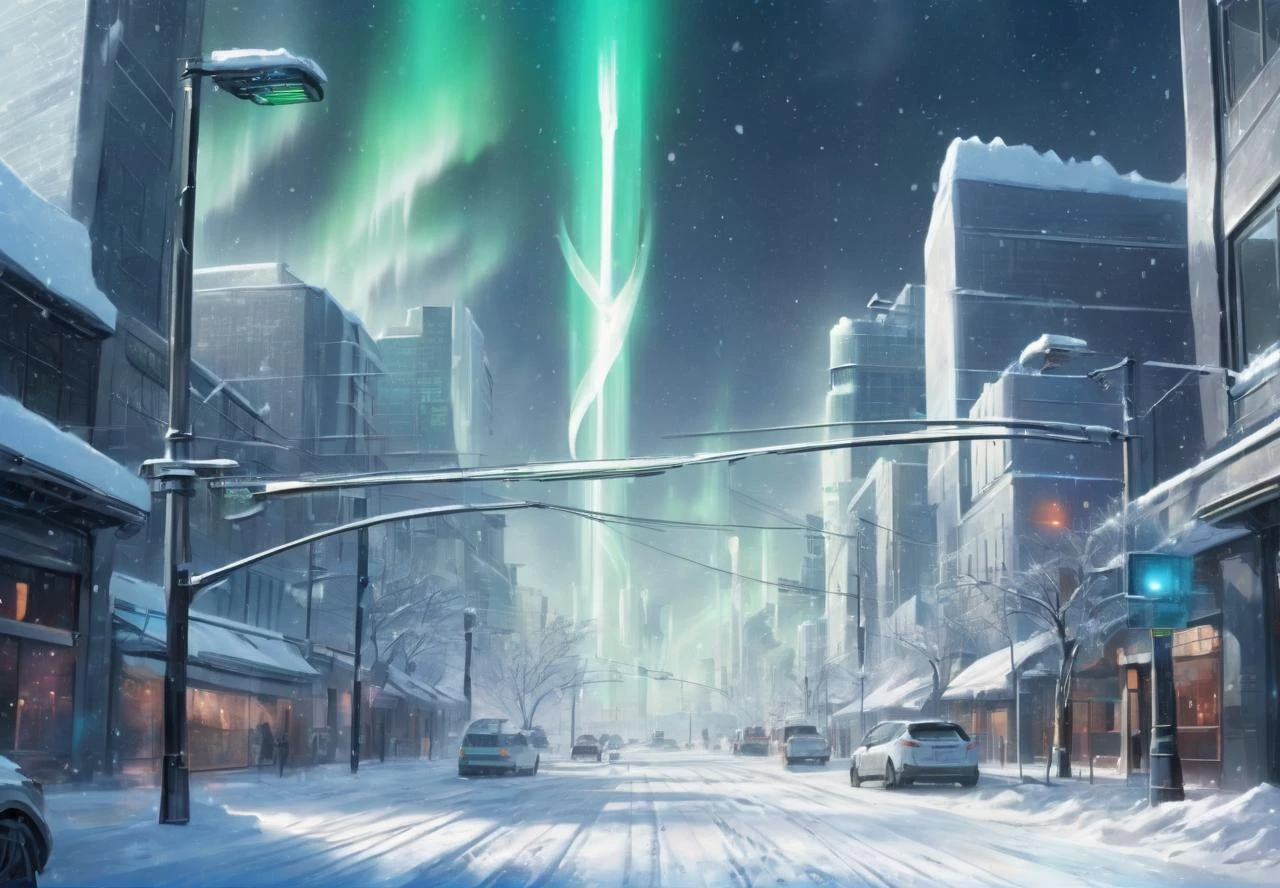 aurora,photon force field,particle fluorescence,sci-fi wind,light film curtain,city,the 1 field beam is rising into the sky,snow,ice,street,avenue,lamppost,Intersection,in_main_street,<lora:ç§å¹»-éªåé»çº¢sdxl:0.5>,