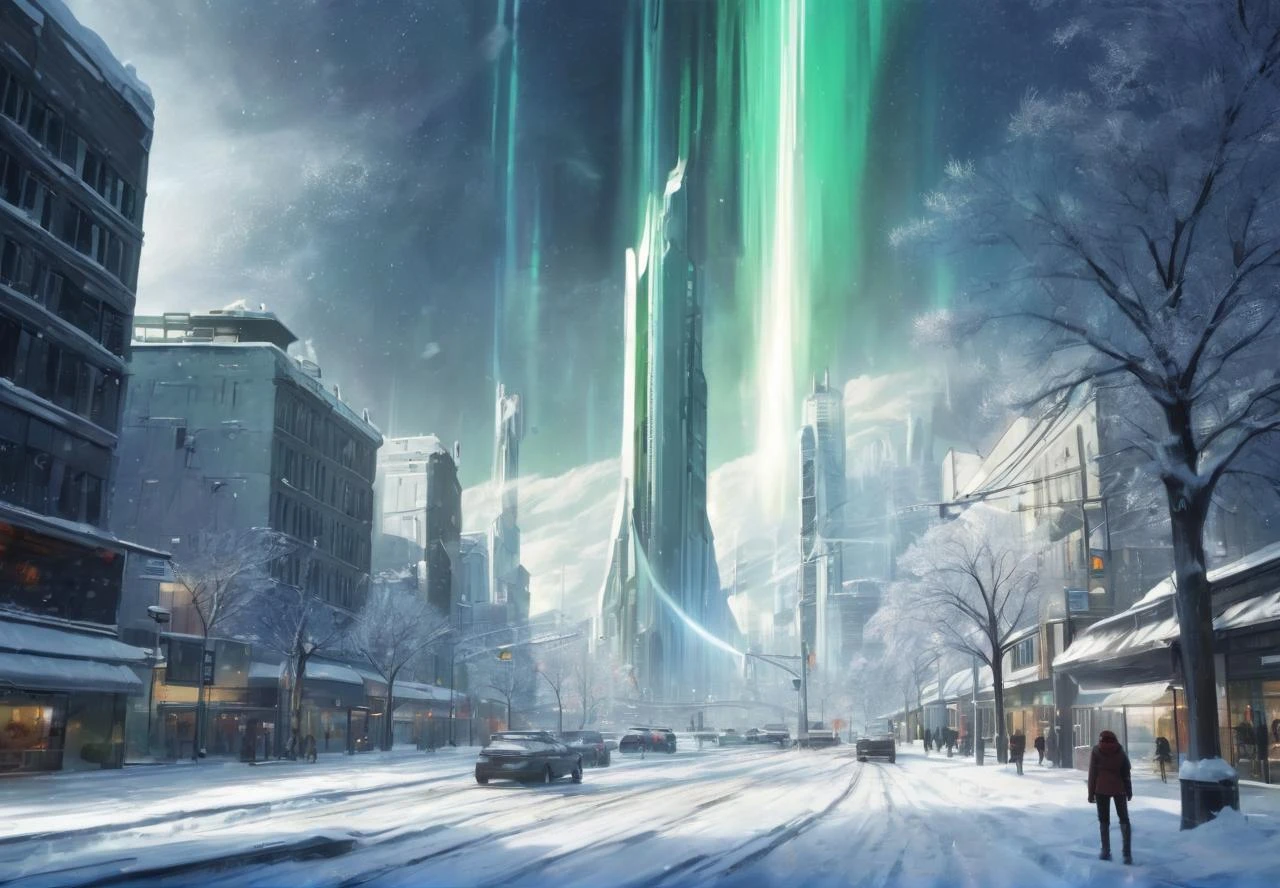 aurora,photon force field,particle fluorescence,sci-fi wind,light film curtain,city,the 1 field beam is rising into the sky,snow,ice,street,avenue,lamppost,Intersection,in_main_street,<lora:ç§å¹»-éªåé»çº¢sdxl:0.5>,