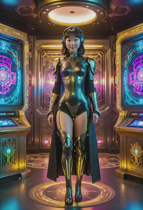 (medium full shot) of (esthetic android) with young chinese woman face, wearing nigthdress, Plasma-infused arms with pulsating energy veins, Polished steel legs plates with etched tribal motifs, brass rivets, antique patina, smiling at the viewer, set in Virtual Reality Arcade, Futuristic room with floor-to-ceiling screens, VR pods with comfortable seating, charging stations for equipment, neon-colored bean bags, and a control desk with intricate consoles , at night Masterpiece,best quality, photorealistic, amazing quality, very aesthetic, extremely detailed face,