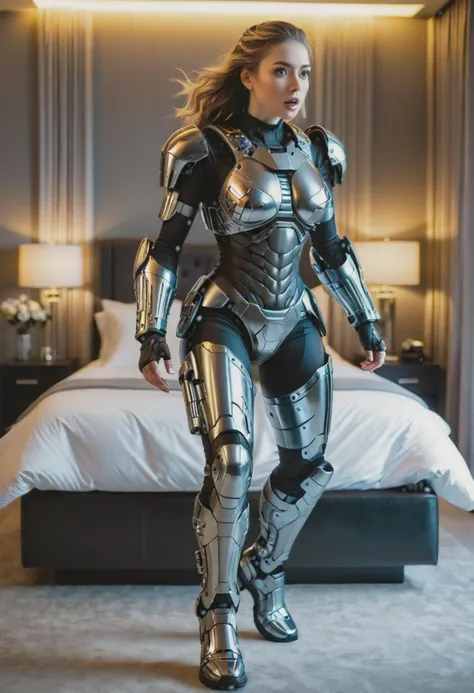 (medium full shot) of (desirable young woman:1.1) android, wearing sleeveless dress, Exoskeletal arms with armored plates, tactical camouflage pattern, military-grade aesthetic, Chrome-plated legs braces with hydraulic pistons, exposed wiring, sleek futuristic design, surprised, open mouth, running toward the viewer, set in Bedroom, Serene retreat with a king-size bed, luxurious bedding, a futuristic nightstand with integrated charging ports, ambient lighting, floor-to-ceiling curtains, and a cozy reading nook , Masterpiece,best quality, photorealistic, amazing quality, very aesthetic, extremely detailed face,