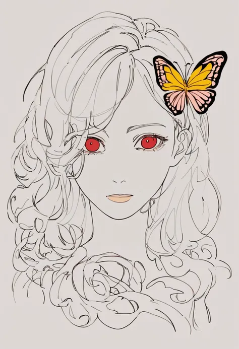 masterpiece,best quality,highly detailed,score_9,score_8_up,score_7_up,score_6_up,source_anime,
BREAK
<lora:oneLineArtPony1.0:1>,lineart,
1woman,with a butterfly on her face,upper body,(red eye:1.2),yellow butterfly coverring one eye,
