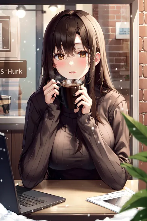 -mature lady, 1girl, solo, sweater, laptop, long hair, cup, brown hair, blush, computer, bangs, snowflakes, looking at viewer, mug, snowing, brick wall, coffee mug, long sleeves, cafe, turtleneck sweater, blurry foreground, black sweater, breasts, nail polish, coffee, table, brown eyes, turtleneck, plant, upper body, window, blurry, ribbed sweater, large breasts, hair between eyes, snow, hands up, sitting<<lora:mature lady-000018:0.8>