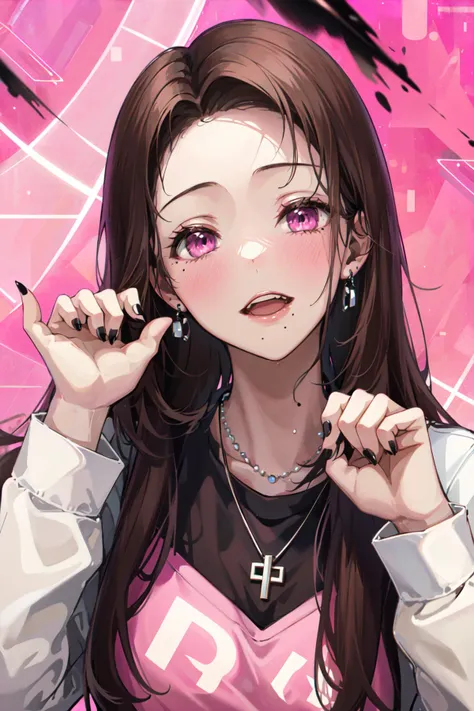 -mature lady, 1girl, solo, jewelry, mole, long hair, looking at viewer, blush, earrings, open mouth, black nails, smile, pink eyes, mole under eye, long sleeves, brown hair, nail polish, shirt, upper body, necklace, black shirt, holding, forehead, upper teeth only, bangs, breasts, pink background, teeth<lora:mature lady-000018:0.8>