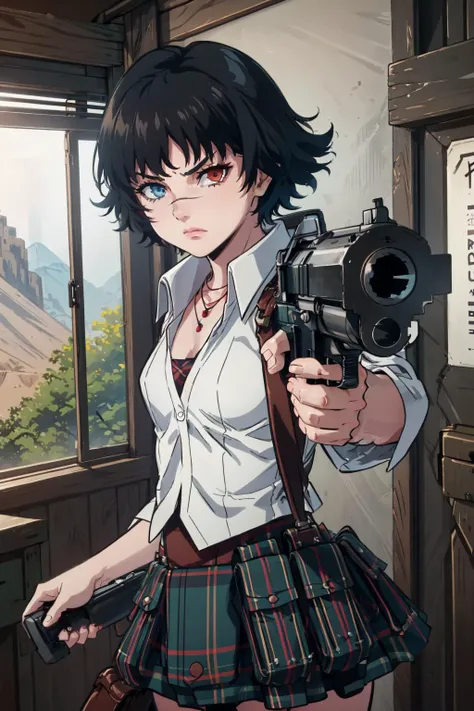 masterpiece, best quality,  <lora:dmc3_lady-10:1> dmc3lady, scar, heterochromia, shirt, plaid skirt, necklace, pouch, cowboy shot,  <lora:gunAimingAtYouV1:0.7> gunatyou, gun, aiming at viewer, holding gun, furrowed brow