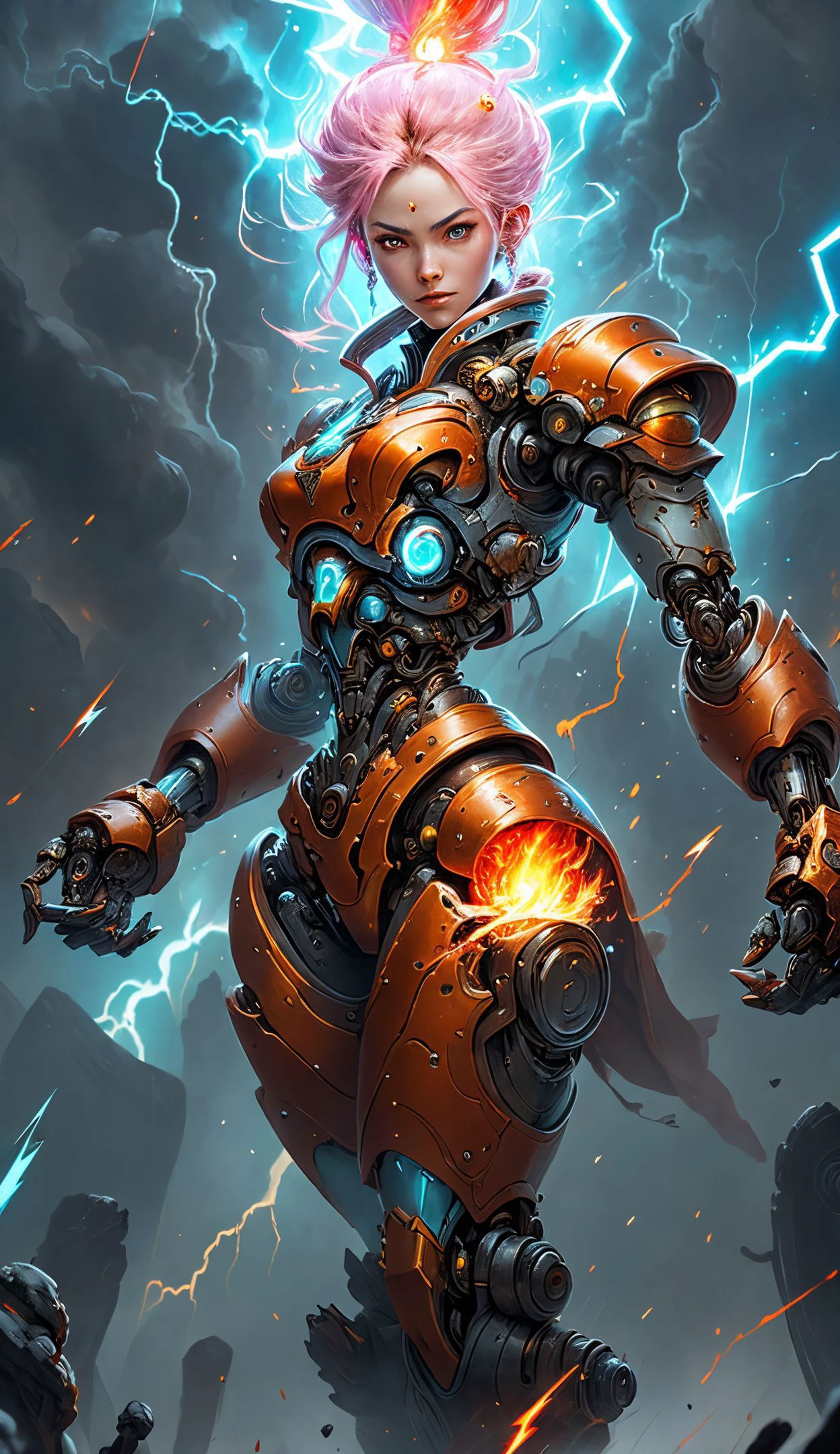 LightningMagicAI,fireMagicAI,iceMagicAI, convergence of elements (fire:1.2), (ice:1.2), (lightning:1.2),wuxia,female,robort cyborg mech fighter,wmma, wearing sports bra fingerless gloves, martial arts,fcPortrait <lora:NijiExpressV2:0.2> <lora:wmma-fC-v1:0.6><lora:FINAL Robort:0.5> <lora:wuxia2:0.4> <lora:ElementalMagicAIv2:0.7>