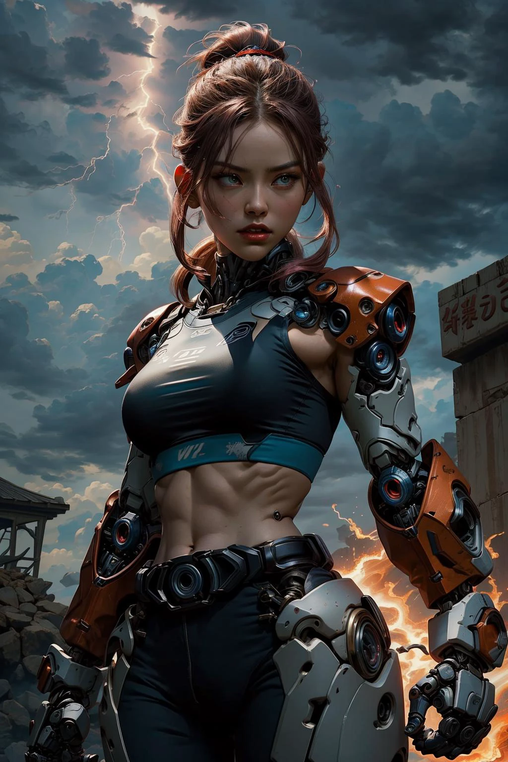 LightningMagicAI,fireMagicAI,iceMagicAI, convergence of elements (fire:1.2), (ice:1.2), (lightning:1.2),wuxia,female,robort cyborg mech fighter,wmma, wearing sports bra fingerless gloves, martial arts,fcPortrait <lora:NijiExpressV2:0.2> <lora:wmma-fC-v1:0.6><lora:FINAL Robort:0.5> <lora:wuxia2:0.4> <lora:ElementalMagicAIv2:0.7>