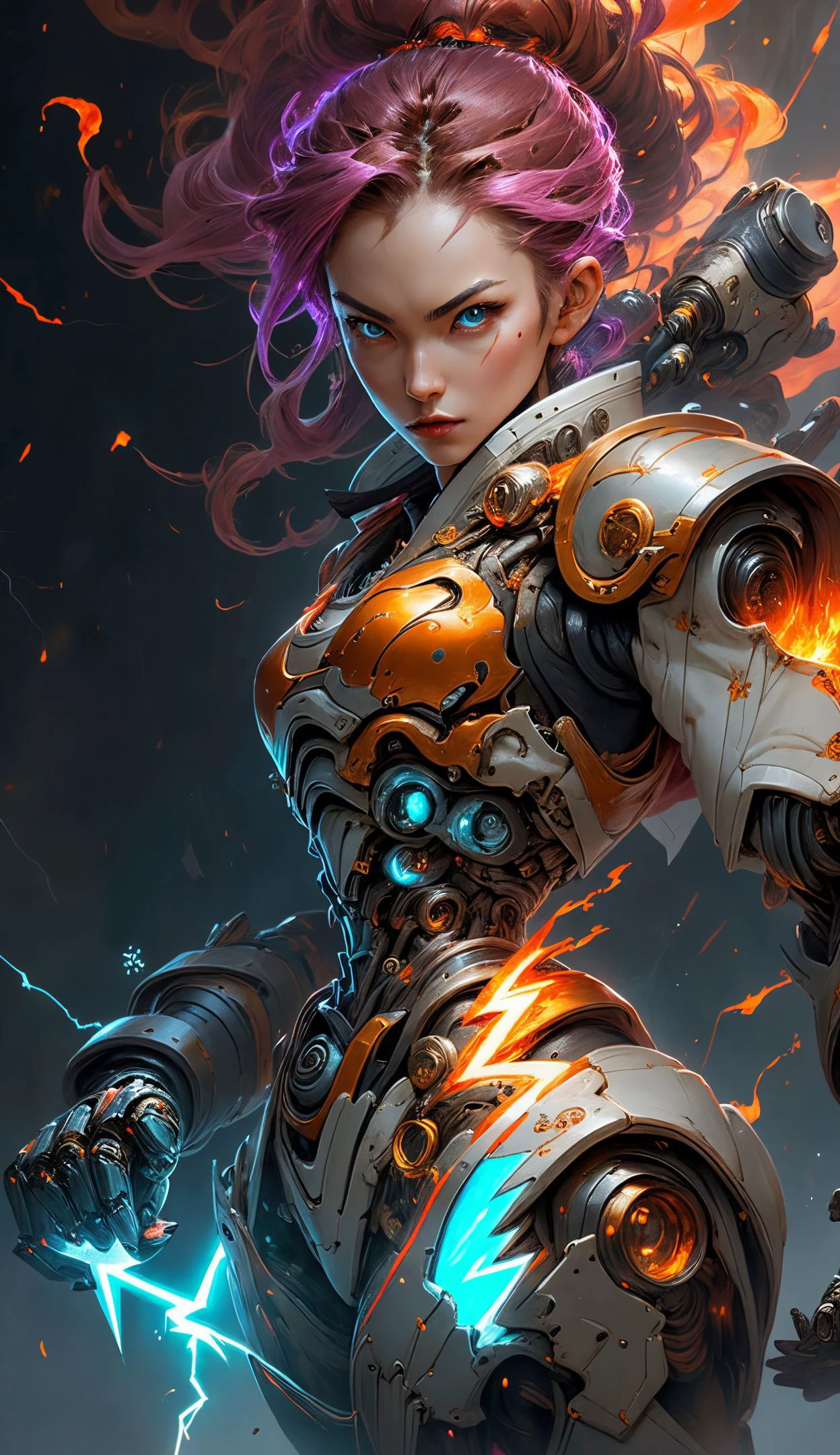 LightningMagicAI,fireMagicAI,iceMagicAI, convergence of elements (fire), (ice), (lightning),wuxia,female,robort cyborg mech fighter,wmma, wearing sports bra fingerless gloves, martial arts,fcPortrait <lora:NijiExpressV2:0.3> <lora:wmma-fC-v1:0.8><lora:FINAL Robort:0.6> <lora:wuxia2:0.5> <lora:ElementalMagicAIv2:0.5>
