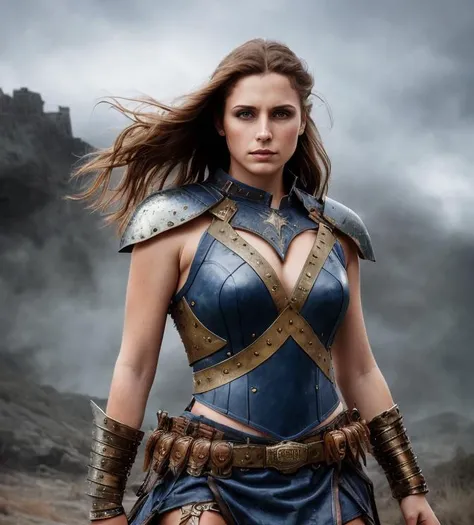 a photo, warrior woman ,hair brown, fantasy dress, realistic, hd, beautiful dress blue, realistic, half body shot, sharp focus, 8 k high definition, insanely detailed